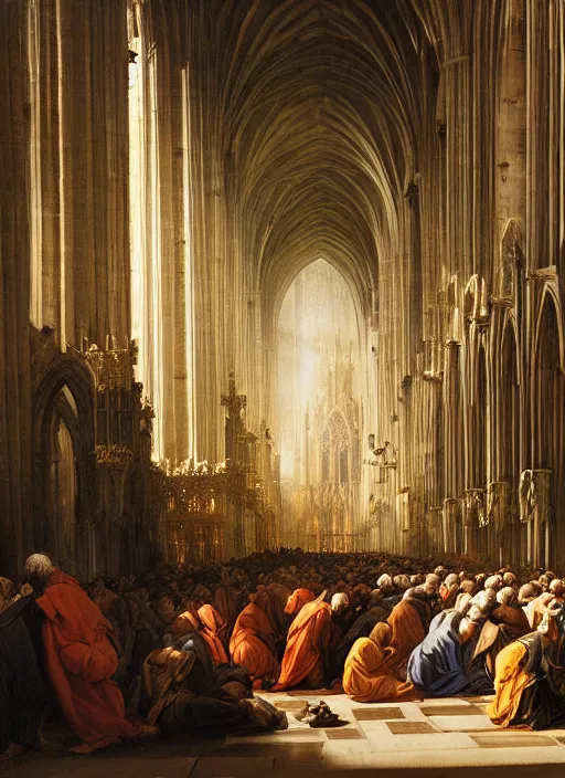 Image similar to elisabeth louise vigee - le brun painting of large crowd of medieval monks in giant in a gothic cathedral interior raising new magical glowing spirit, old master painting with stunning lighting and details photoreal dusk sun lit light,