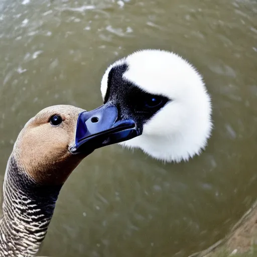 Prompt: goose with its beak right into the camera outdoors, fish eye lens photo, ultra wide angle