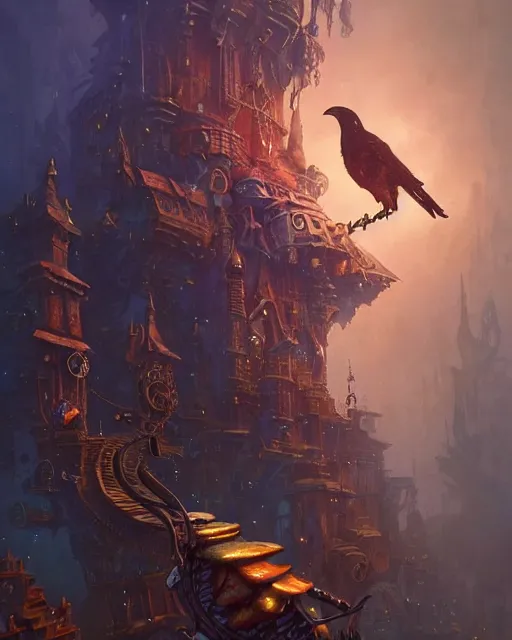 Image similar to a close - up stunning fantasy scene of a steampunk crow | highly detailed | very intricate | disney | magic the gathering | steampunk | dramatic romantic epic breathtaking whimsical magical | professional cinematic lighting | award - winning | painted by marc simonetti and anton fadeev and paul lehr and rhads and alena aenami | pastel color palette | featured on artstation