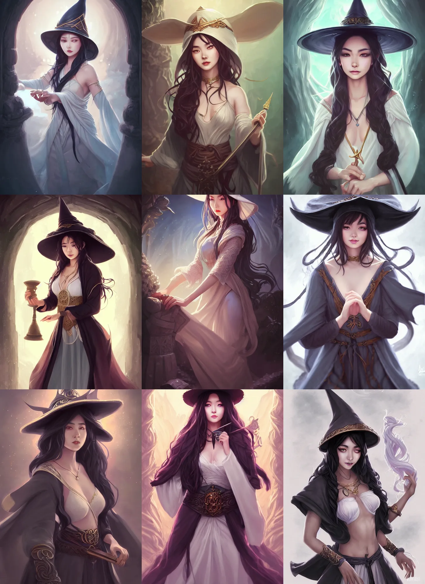 Prompt: picture of beautiful female wizard in the cauldron, classical robes, hat, white skin, black hair, happy, high fantasy, dnd, detailed face, highly detailed, smooth, sharp focus, illustration, by rossdraws, sakimichan, artgerm, daguerreotype