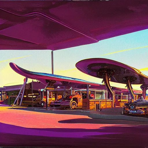 Prompt: painting of syd mead artlilery scifi organic shaped gas station with ornate metal work lands on a farm, fossil ornaments, volumetric lights, purple sun, artgerm