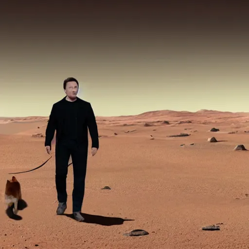 Prompt: a realistic photography of Elon Musk walking a Shiba Inu dog on Mars, beautiful space, interstellar, 8k