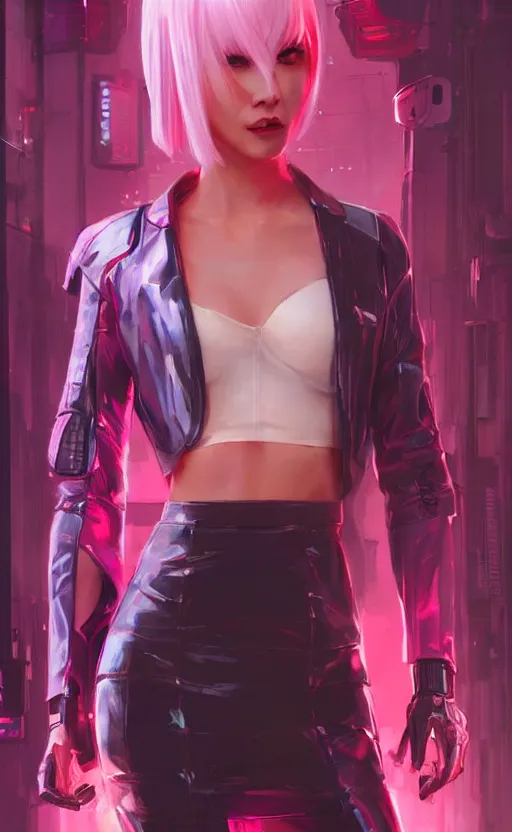 KREA - Portrait of a beautiful cyberpunk android, red lipstick, fluorescent pink  face paint, bright orange hair, metallic cyan bodysuit