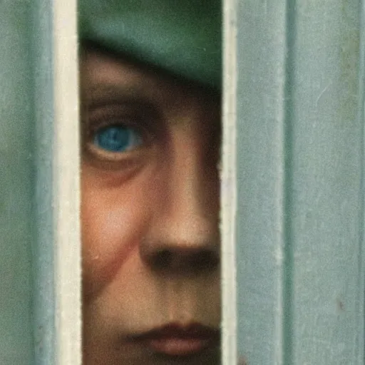 Prompt: zoomed cropped closeup of unexpected voyeuristic eye contact with neighbour in window, technicolor, telephoto lens, vintage photograph