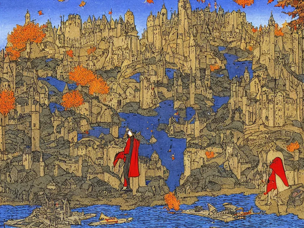 Image similar to cyberpunk king man with hovercraft at a castle in autumn. painting by limbourg brothers, moebius