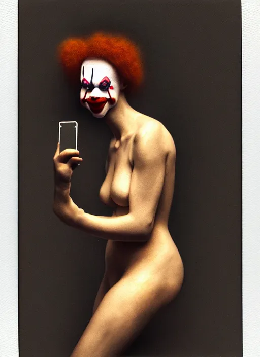 Image similar to polaroid selfie of clown influencer, diaphanous, render, octane, detailed, award winning photography, masterpiece, dark backround, highly detailed, digital illustration, trending in artstation, modern painting, smooth, sharp focus, intricate, einar jonsson and bouguereau