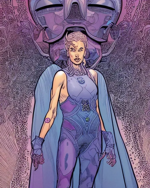 Image similar to portrait of a female space priestess by arthur adams and moebius and chip zdarsky, stunning, comic, pen and ink, slash page, highly detailed