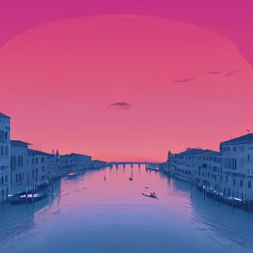 Prompt: a canal in venice at sunset, minimalist vector illustration, bokashi sky, digital painting, voluminous clouds, trending on dribbble, trending on behance, by anton fadeev, by alena aenami, by david hockney
