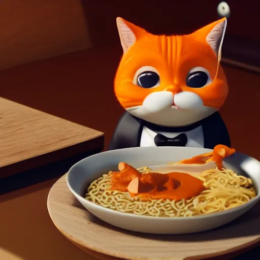 Image similar to Fat, cute orange cat in a suit eating ramen, busy restaurant, close up, octane render by Osamu Tezuka, details, 4K, 8K