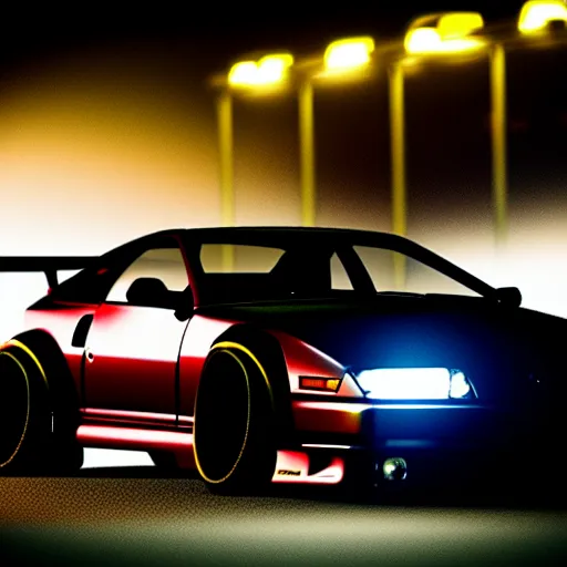 Image similar to a car 300ZX turbo drift at illegal car meet, Chiba prefecture, city midnight mist lights, cinematic lighting, photorealistic, highly detailed wheels, high detail