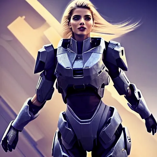 Image similar to A combination of Adriana Dxim's and Grace Kelly's and Ashley Greene's appearances with blonde hair wearing Forerunner armor from Halo, high tech, action shot, angular, full body portrait, futuristic, dramatic, fantasy, intricate, elegant, highly detailed, artstation, matte, sharp focus, 8K, art by Artgerm and Greg Rutkowski and Alphonse Mucha