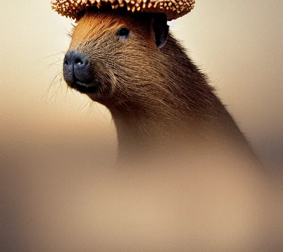 Image similar to a portrait of capybara with a mushroom cap growing on its head by luis royo. intricate. lifelike. soft light. sony a 7 r iv 5 5 mm. cinematic post - processing