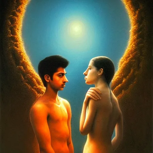 Image similar to perfectly - centered movie promotional poster - photograph of a young indian guy and a beautiful girl side profile faces symmetrical ; real life portrait by beksinski and jean delville, romantic theme, two lovers sharing one heart, unreal engine 5, photorealism, hd quality, 8 k resolution, cinema 4 d, hdr dramatic lighting ; symmetrical, cinematic, high coherence