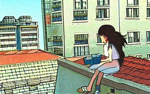 Image similar to a girl sitting on the roof of a building eating a sandwich, zoomed out, art by hayao miyazaki, studio ghibli film,