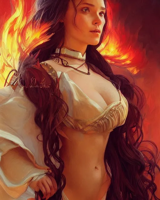 Image similar to beautiful long haired girl, fire dress, portrait, flames everywhere, highly detailed, digital painting, artstation, concept art, smooth, sharp focus, illustration, art by artgerm and greg rutkowski and alphonse mucha