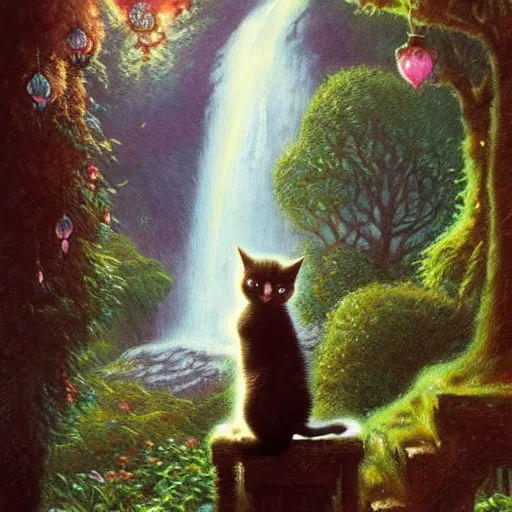 Image similar to painting of one kitten in the enchanted forest standing on the steps and watching the waterfall, fantasy, intricate, extremely detailed, matte, featured in artstation, art by louis wain, greg rutkowski