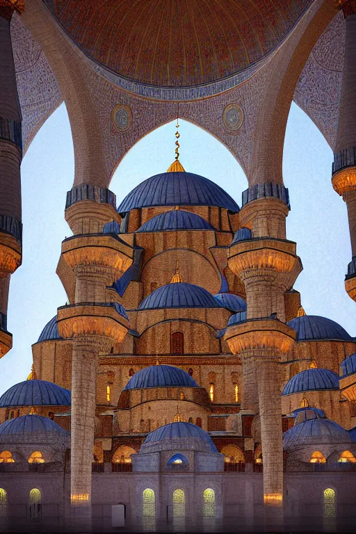 Image similar to a giant mosque in istanbul, digital art, realistic, artstation, soft colours, cinematic