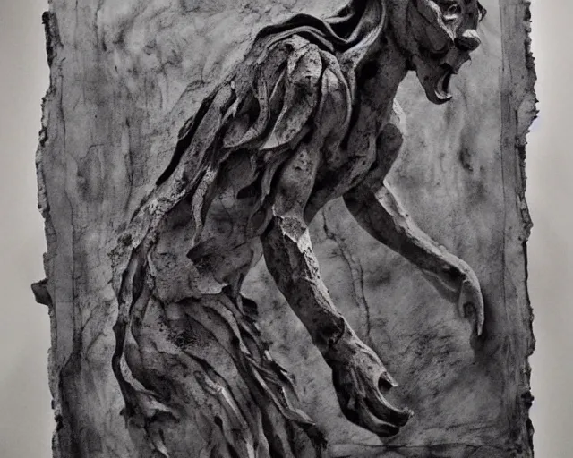 Prompt: social anxiety portrayed as an animal, driftwood sculpture, ink wash, ink blot, cool tones, classical sculpture, on canvas, india ink, moody, gothic