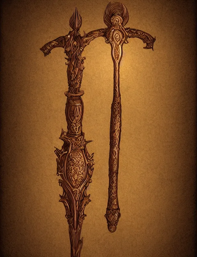 Image similar to an ornate wooden staff, fantasy illustration, medieval era, blank background, studio lighting, hand - drawn digital art