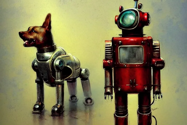 Image similar to adventurer ( ( ( ( ( 1 9 5 0 s retro future robot android dog. muted colors. ) ) ) ) ) by jean baptiste monge!!!!!!!!!!!!!!!!!!!!!!!!! chrome red