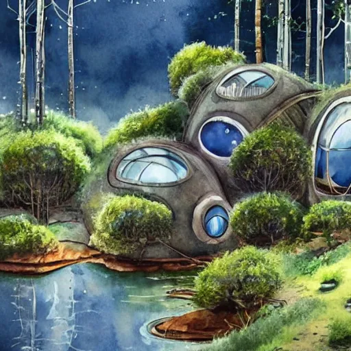 Prompt: beautiful happy picturesque charming sci - fi organic pod - like homes of the future consisting of modules in a beautiful natural scene. water, trees and rocks. beautiful light. soft colour scheme. beautiful artistic detailed watercolor by lurid. ( 2 0 2 2 )