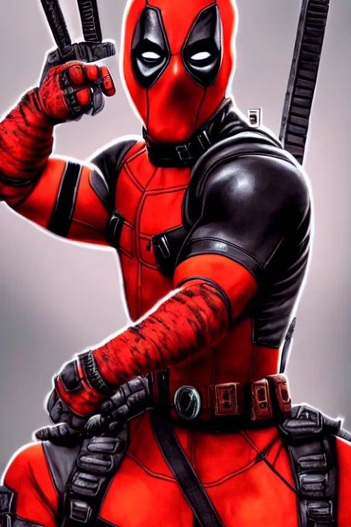 Image similar to Narendra Modi as Deadpool, claws are up, red and black deadpool costume, Narendra Modi hairstyle and beardstyle, calm, grumpy, portrait, masculine figure, highly detailed, digital painting, artstation, concept art, smooth, sharp focus, illustration, cinematic lighting, art by artgerm and greg rutkowski and alphonse mucha