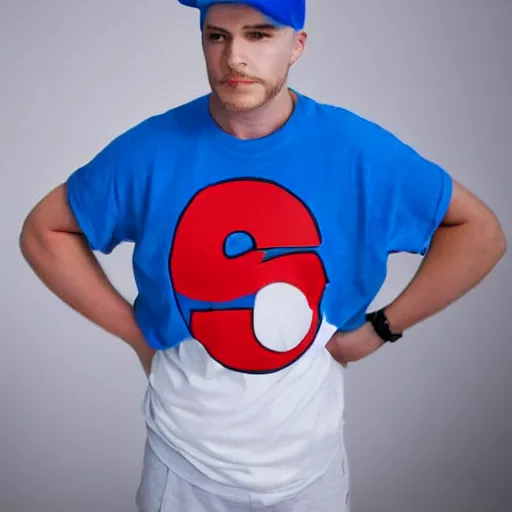 Image similar to a full body shot of an average white, short young - adult man with blue dyed hair, wearing a red backwards cap, white t - shirt with a red no symbol on it, blue long pants and red shoes, holding a microphone, studio lighting, photoshoot, grey background