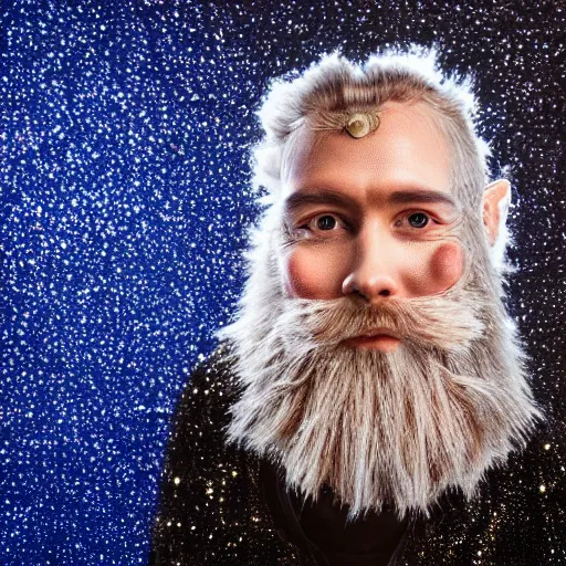 Prompt: portrait photo, a futuristic space wizard with a detailed metallic face, beard made of glowing hombre fiber optic cables, wearing a futuristic dark blue shining shimmering glittered robe, against a vibrant outer space sky