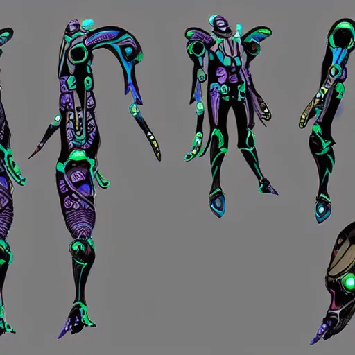 Prompt: character design sheets for an ancient manta ray biomech suit, art by tim shafer from his work on psychonauts 2 by double fine, and inspired by splatoon by nintendo, blacklight, winged