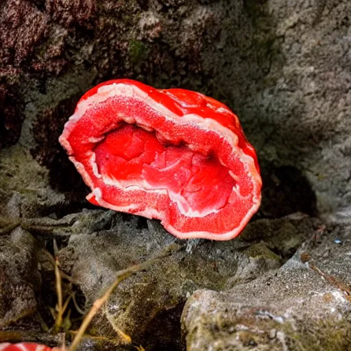 Prompt: a red cave mushroom that looks like raw meat