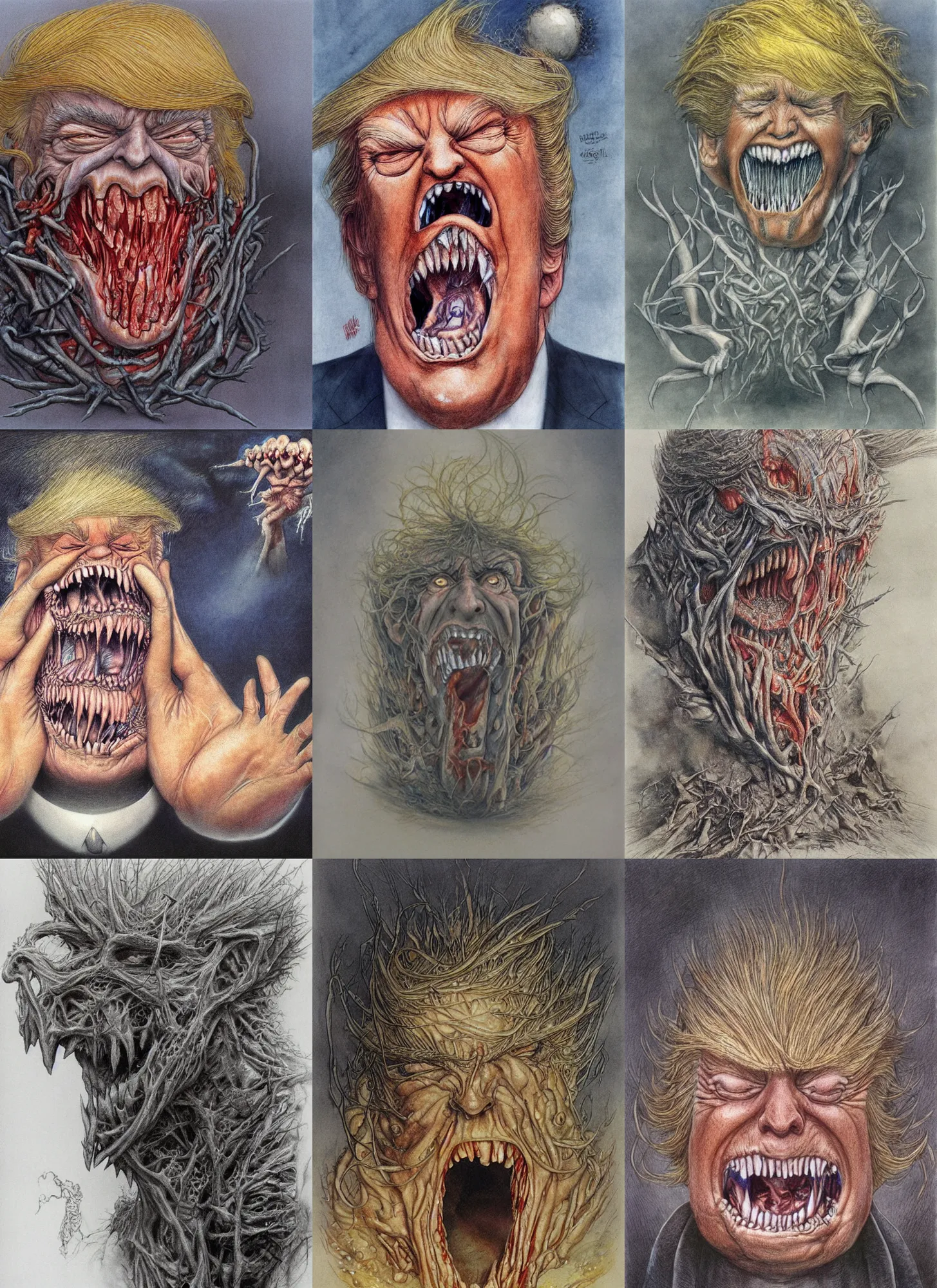 Prompt: donald trump's disgusting true form bursting from within, by alan lee