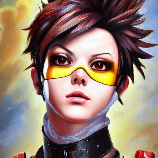 Image similar to oil painting of tracer overwatch in a field wearing large leather belt choker around neck, in style of mark arian, expressive face, detailed face, detailed eyes, full body, feminine face, tracer overwatch,