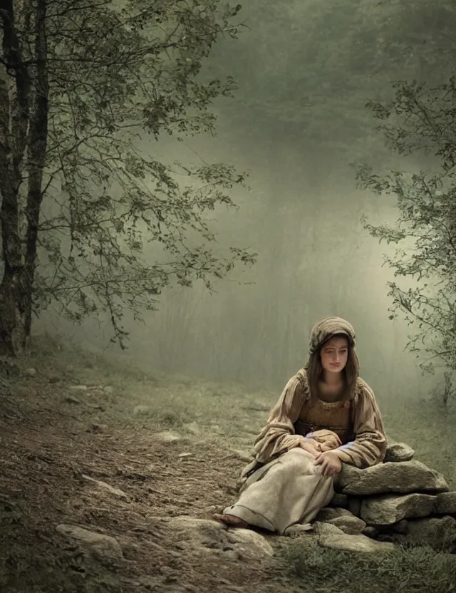 Image similar to peasant girl sadly sitting on a stone in a forest, Cottage core, Cinematic focus, Polaroid photo, vintage, neutral colors, soft lights, foggy, by Steve Hanks, by Andrei Tarkovsky, by Terrence Malick, 8k render, detailed, oil on canvas