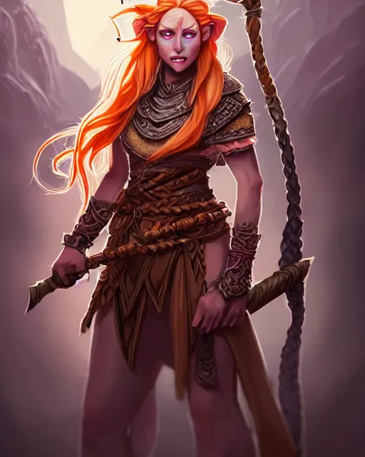 Prompt: female firbolg dungeons and dragons with long braided peach color hair, wearing an old tunic, d & d digital character illustration, artstation trending female illustration, intricate, sharp focus, highly detailed, digital painting, matte, character art by prywinko art, amazing art of feminine ygritte, studio quality, masterpiece