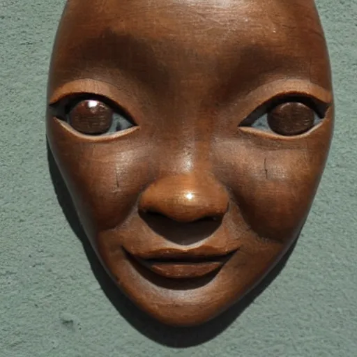 Prompt: sculpture of a little girl's face on wood