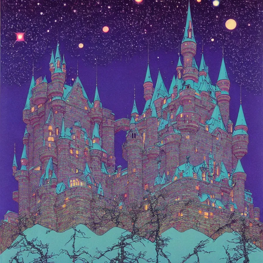 Prompt: ( ( ( ( shinning starry sky and a huge castle, with decorative frame design ) ) ) ) by mœbius!!!!!!!!!!!!!!!!!!!!!!!!!!!, overdetailed art, colorful, artistic record jacket design