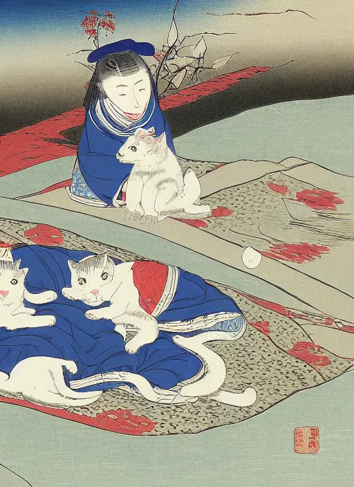 Image similar to whitecat with 2 baby white cats of utagawa hiroshige, digital painting 4 k uhd image, highly detailed