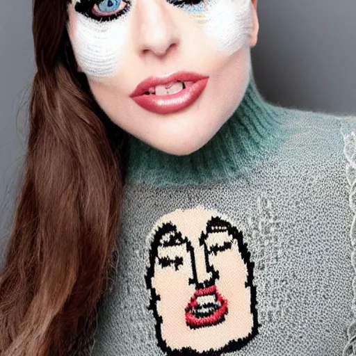 Prompt: a hand knit wool sweater with a lady gaga face pattern