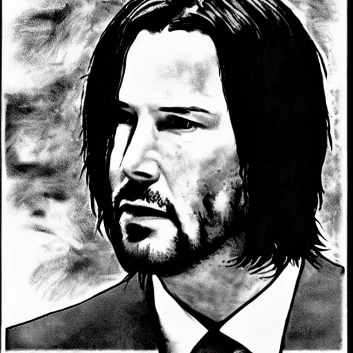 Image similar to keanu reeves in pulp fiction, etching, ultra realistic