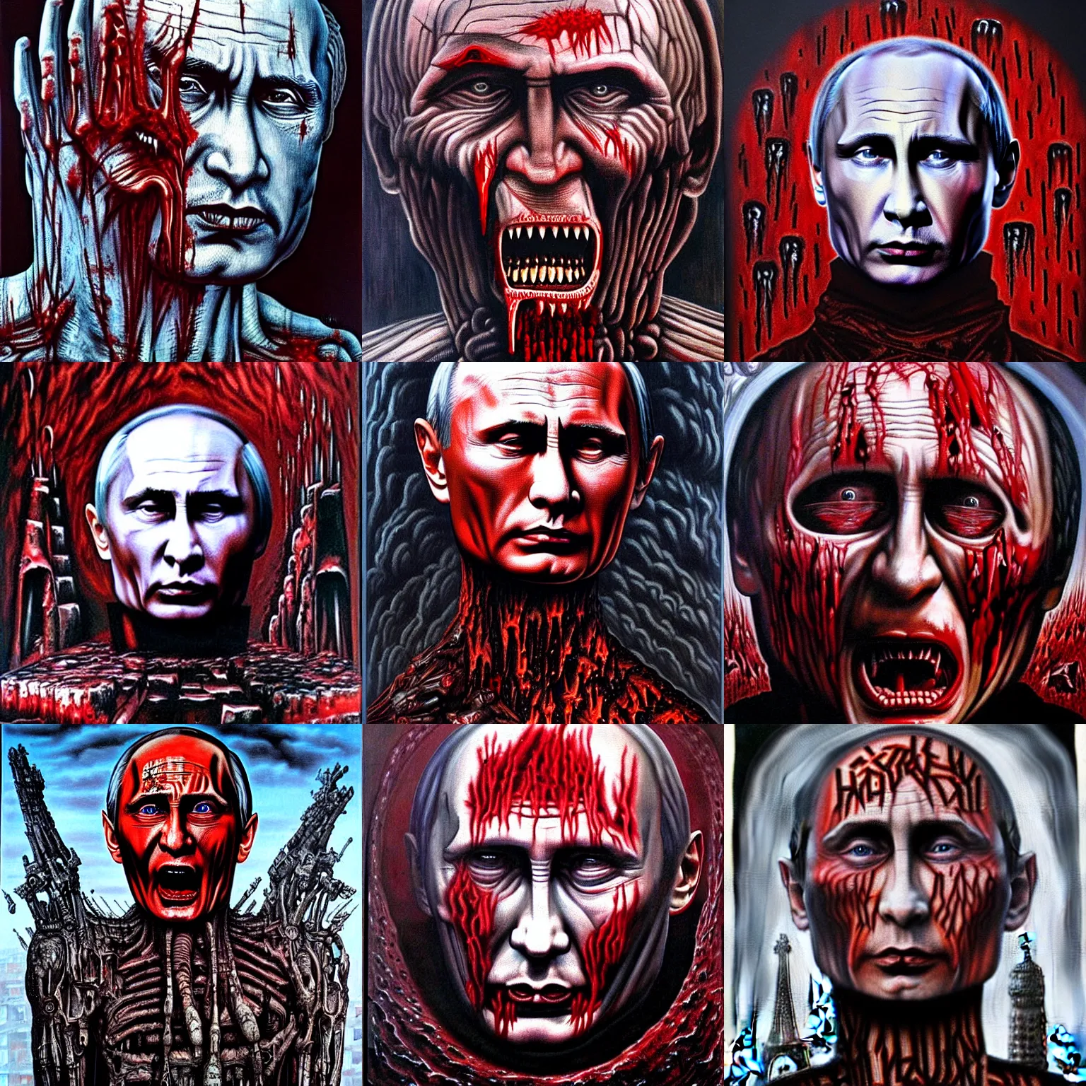 Prompt: huge monument of angry vladimir putin made of blood, horror and terror. detailed painting by h. giger