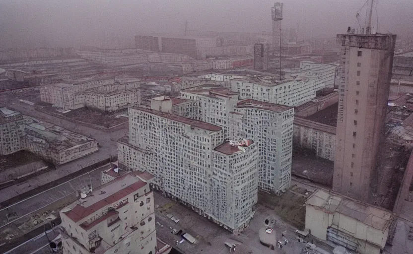 Prompt: 2000s historic footage of a soviet city with stanilist style high rise and pedestrians, aerial photo night vision, Cinestill 800t 18mm, heavy grainy picture, very detailed, high quality, 4k panoramic, billboards and streetlight at night, rain, mud, foggy