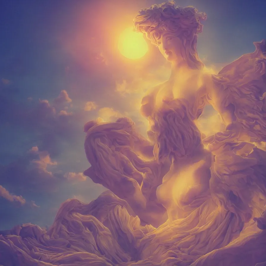 Image similar to anthropomorphic female deity, aesthetic, vaporwave, golden hour, ethereal