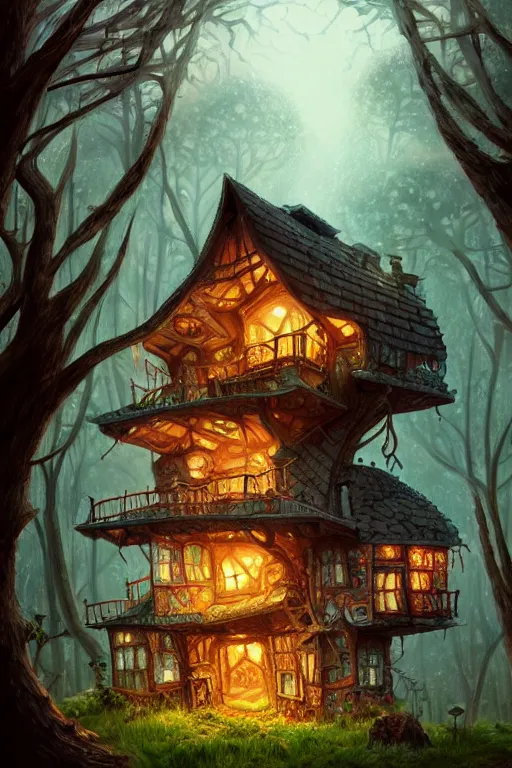 Image similar to a storybook illustration of a ramshackle multistory fairytale hut in the forest, intricate, elegant, fantasy, highly detailed, digital painting, concept art, sharp focus, artstation