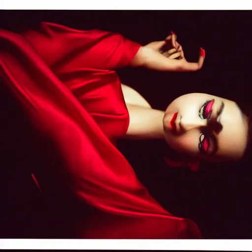 Image similar to beautiful portrait of sensual fashion model in red silk underwater, 35mm film