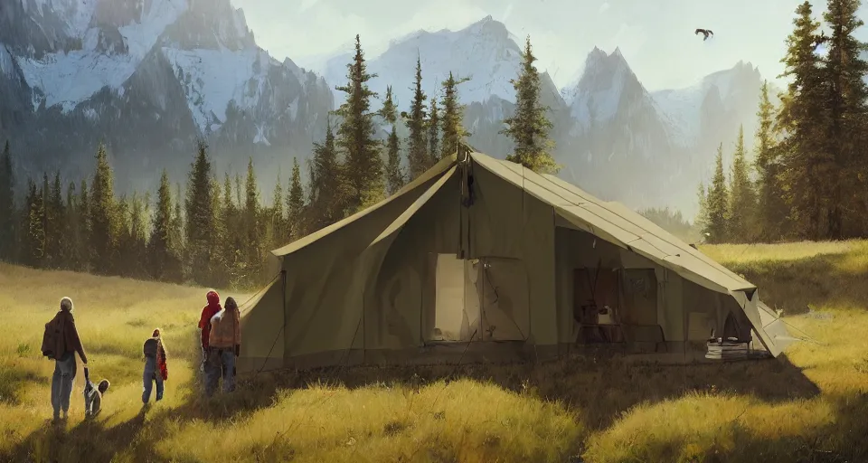 Image similar to cabela's beautiful comfortable modular insulated wall kit - house all weather family dwelling tent house, person in foreground, mountainous forested wilderness open fields, beautiful views, painterly concept art, joanna gaines, environmental concept art, farmhouse, magnolia, concept art illustration, by james gurney, by craig mullins, by greg rutkowski trending on artstation