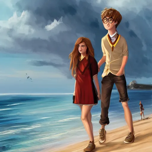 Image similar to Harry Potter Ron and hermione at the beach, digital art, trending on artstation