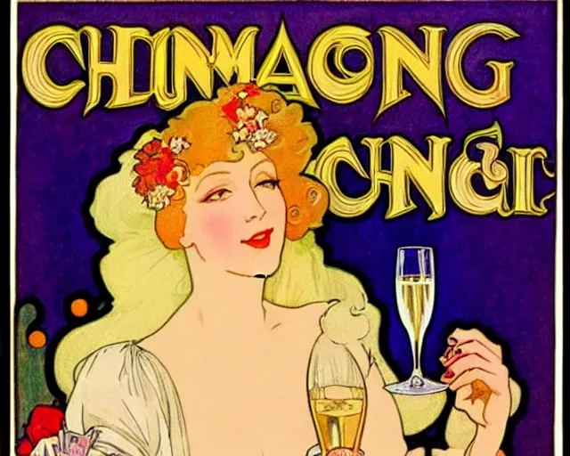 Prompt: mucha, blonde woman, a glass of champagne, cheerful, bright, clear colors