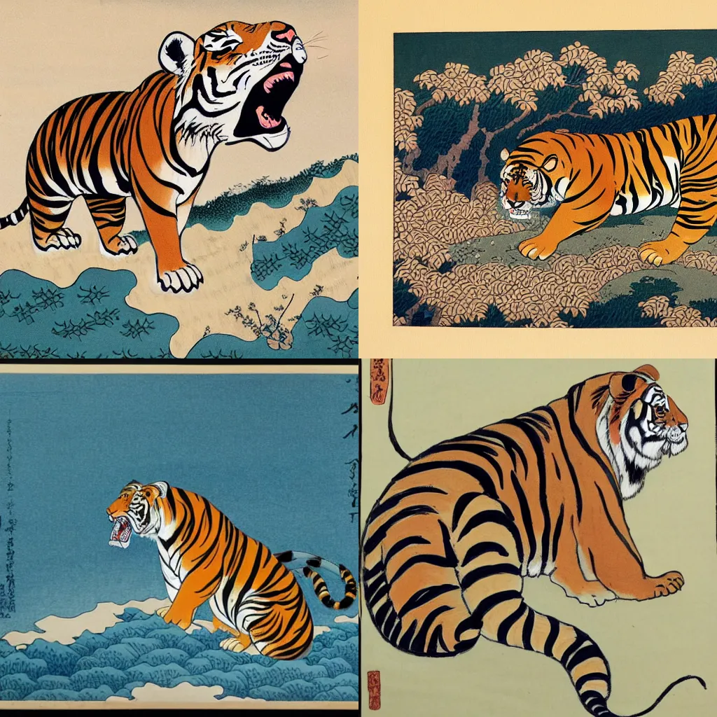 Prompt: painting of a tiger in the style of Hokusai