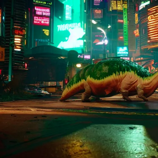 Prompt: a dinosaur watermelon egg is hatching in the middle of Night City in Cyberpunk 2077.