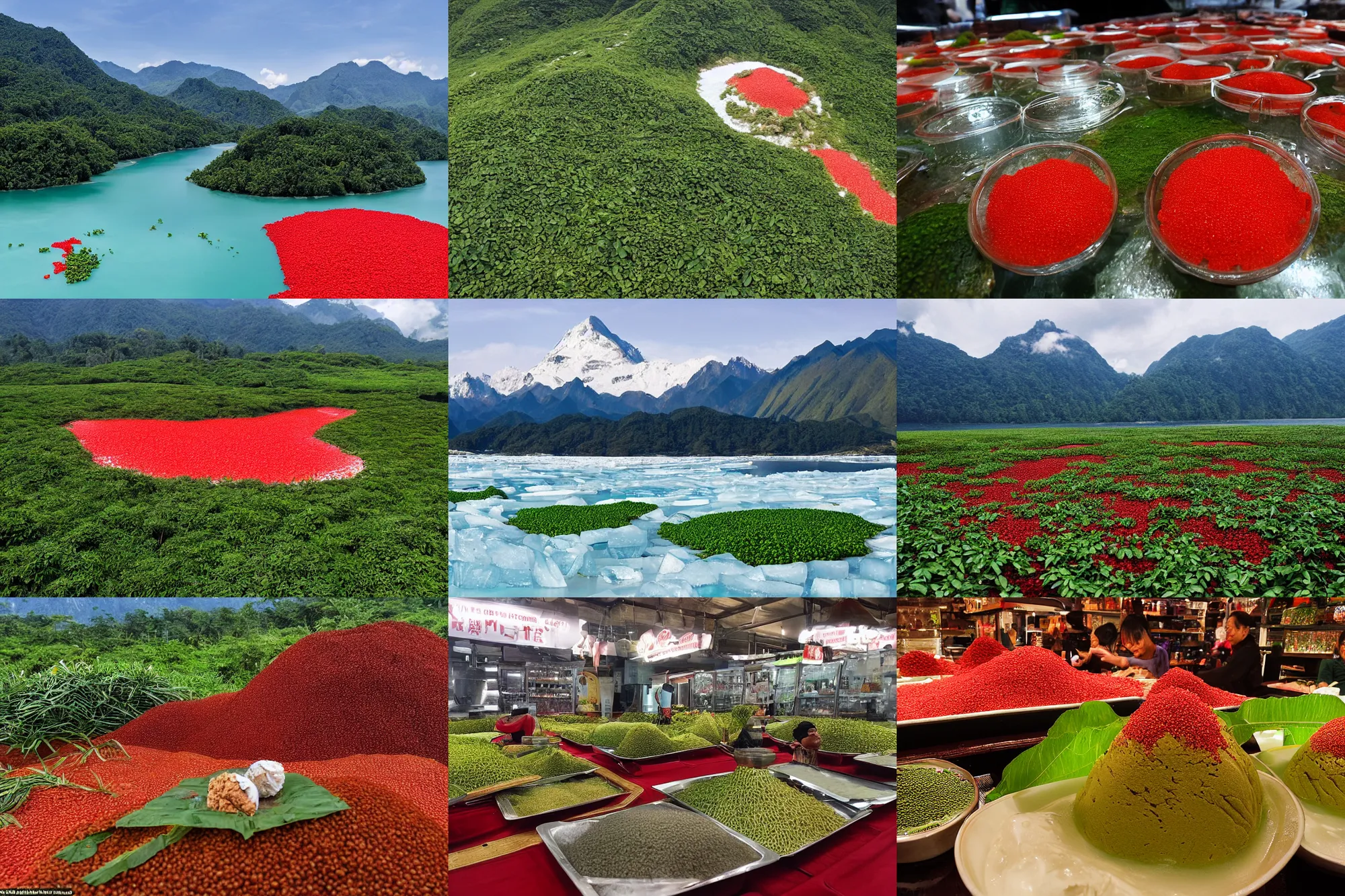 Prompt: a large island of red caviar in the center of which there are mountains with ice cream ( green house ingredient sdn bhd ), instead of coca cola water ( barley tea - boricha or mugicha )